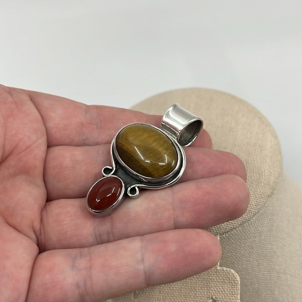 Vintage CII Mexico 925 Sterling Tiger's Eye & Carnelian Pendant Heavy 18.4g - Picture 16 of 16